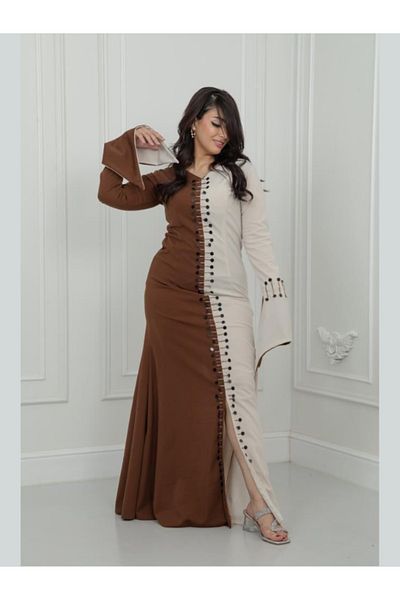 Nice Model Two Tone Maxi Dress Women Long Sleeve Button Down Embroidered Evening Formal Gown Brown Beige