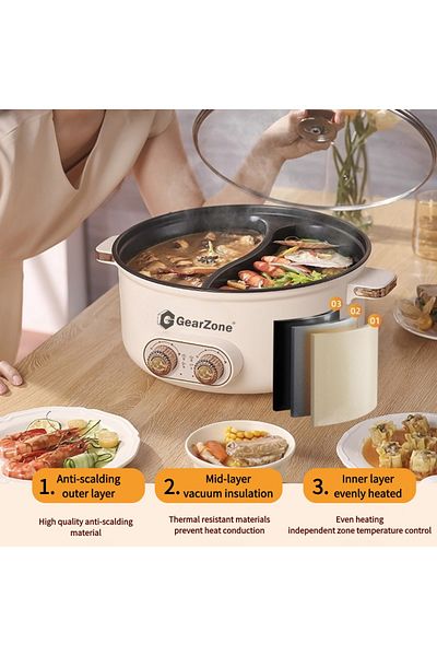 GearZone 6.5L 1600W Non-Stick Large Capacity Multifunctional Hot Pot with Independent Temperature Control