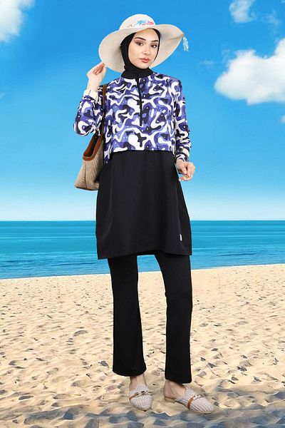 İmajButik Navy Blue Patterned Triple Hijab Swimsuit Set