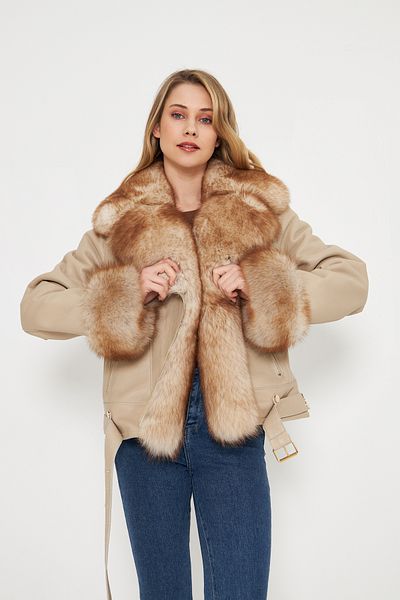 By Marki Marki Women's Leather Jacket – Fur Inside, Special Fur Collar, Belt, Fur Cuffs, 58 Cm, Beige - 114522
