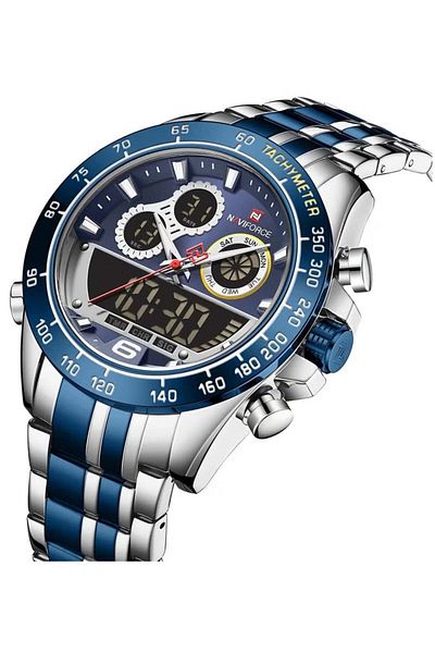 Naviforce Mens Dual Display Chronograph Watch Blue Silver Stainless Steel Band Analog Digital Quartz Movement