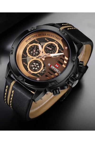 Naviforce Watch for Men Black Rose Gold Leather Strap