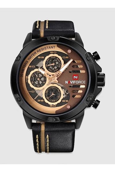 Naviforce Watch for Men Black Rose Gold Leather Strap