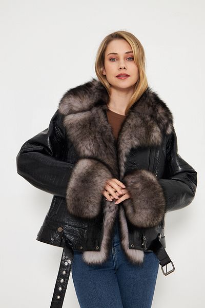 By Marki Marki Women's Leather Jacket, Fur Inside, Crocodile Print, Special Fur Collar, Belt, Black Fur-114522