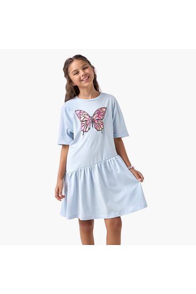 Juniors Butterfly Print A-line Dress with Round Neck and Drop Shoulder Sleeves