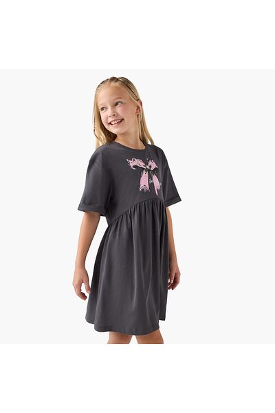 Juniors Bow Detail A-Line Dress with Short Sleeves