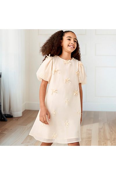 ELIGO Bow Accent Dress with Round Neck and Balloon Sleeves
