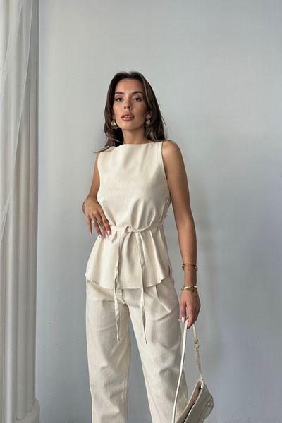 COTTONLAB Linen blouse - trousers set massi̇mo modelscreat fabric - beige