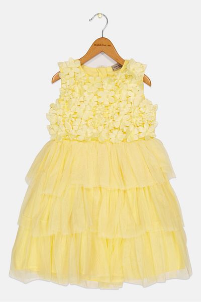 Luna Moon Kids Girl Textured Party Dress, Light Yellow