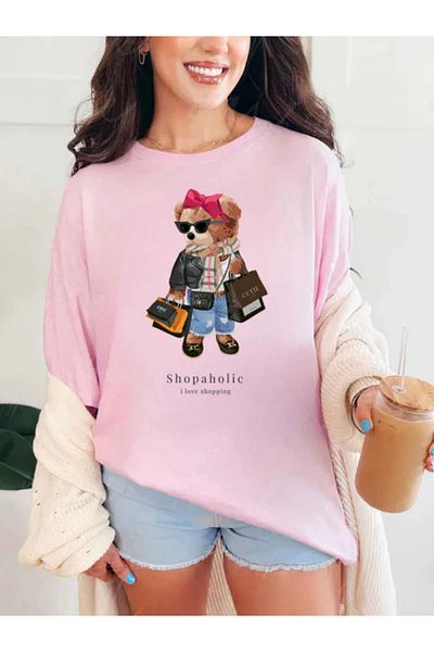 Sarah's Boutique Tricou de damă – 100% bumbac – Ursuleți de pluș „SHOPAHOLIC”