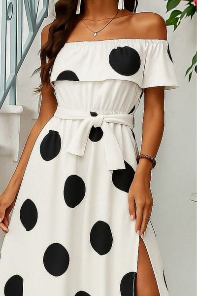 İpeksi Silky Women's Short Sleeve Madonna Collar Ruffled Waist Slit Maxi Knitted Crepe Dress