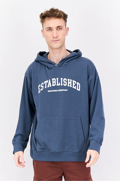 Established Redefining Essentials Men Hooded Long Sleeves Brand Logo Sweatshirt, Slate Blue