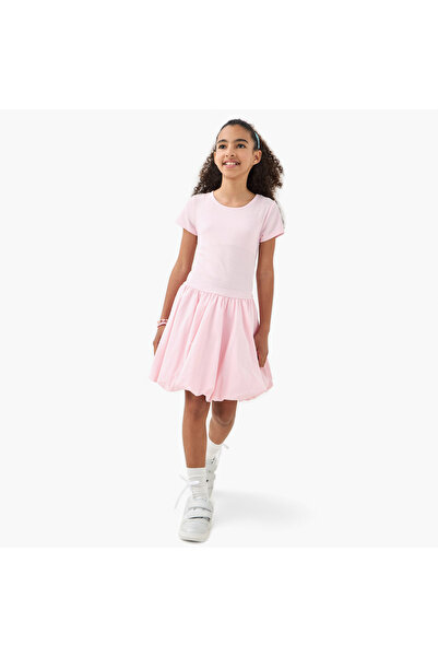 Juniors Ribbed Balloon Dress with Short Sleeves