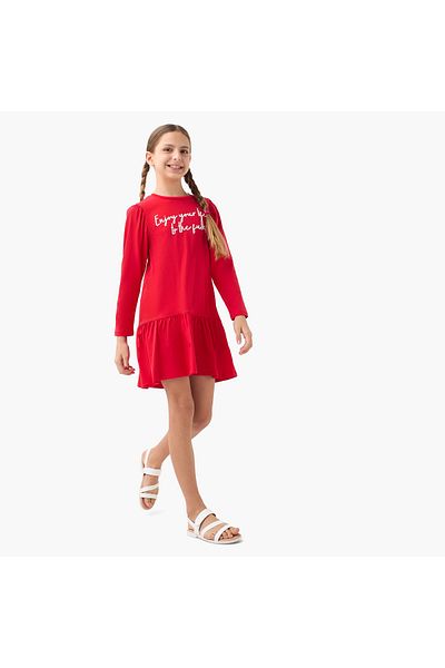 Juniors Slogan Print Drop Waist Dress with Round Neck and Long Sleeves