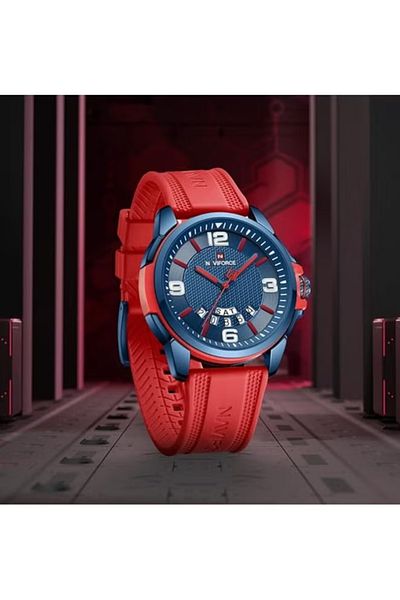 Naviforce Stylish Mens Sports Watch with Blue Dial Red Silicone Strap Quartz Movement Analog Display