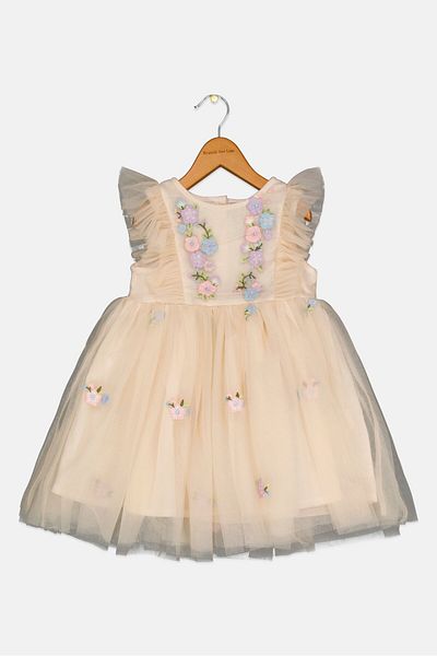 Luna Moon Kids Girl Embroidered Dress, Beige