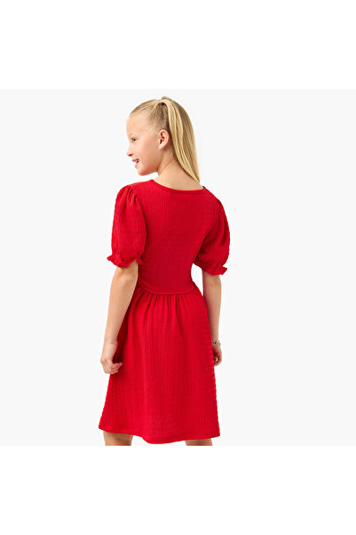 Juniors Textured Dress with Cutout Detail and Puff Sleeves