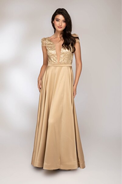 Atmosphere Fashion Rochie lungă aurie cu dantelă la bust