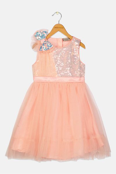Luna Moon Kids Girl Textured Partywear Dress, Peach