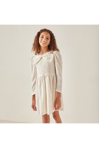 Juniors Floral Embroidered A-line Dress with 3/4 Sleeves and Bow Detail