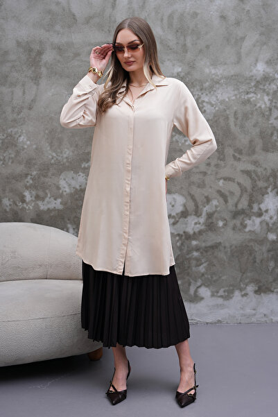 Polologin Butik Belted Long Cream Shirt Tunic