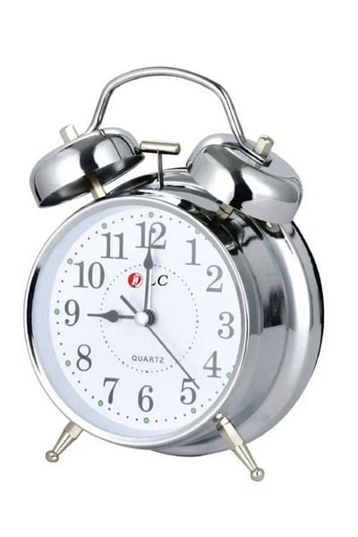 DLC Alarm clock made of chrome plated metal with bell alarm function and white dial