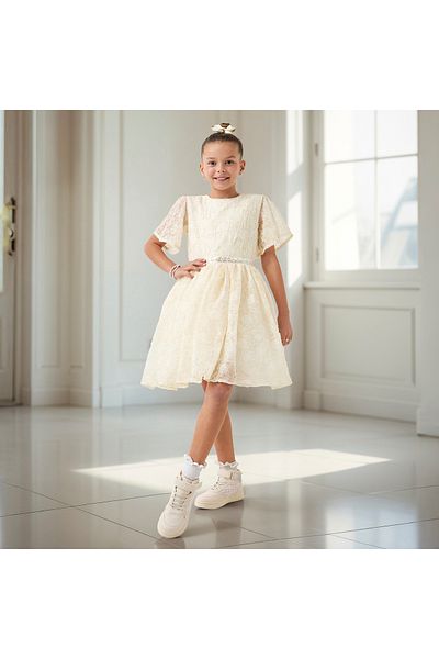 ELIGO Embellished A-line Dress with Flare Sleeves and Tie-Up Belt