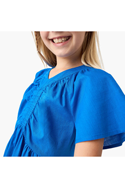 Juniors Solid A-line Dress with V-neck and Short Sleeves