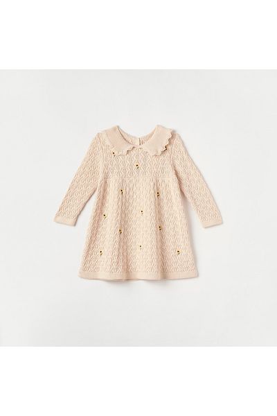 Juniors Textured Collared A-line Dress with Long Sleeves