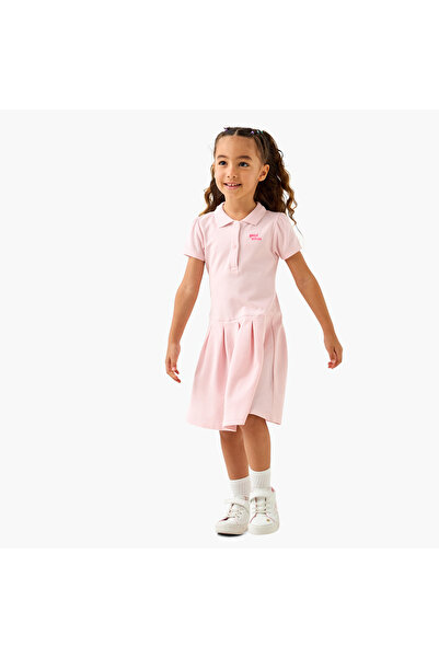 Juniors Slogan Applique Polo Dress with Short Sleeves