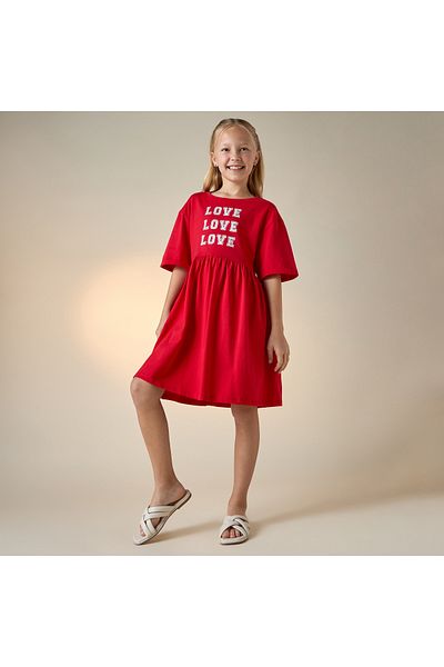 Juniors Text Varsity Print T-shirt Dress with Short Sleeves and Round Neck
