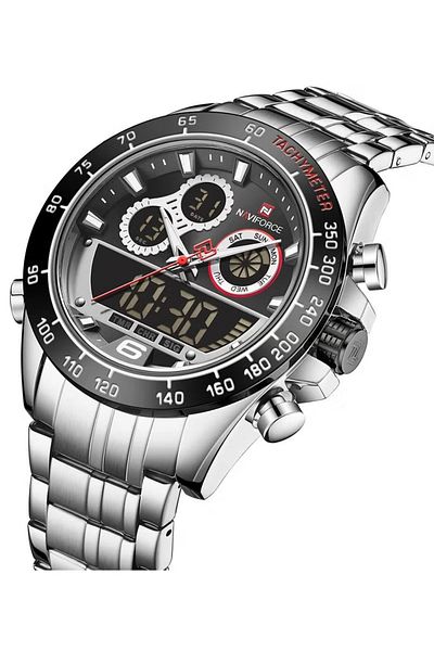 Naviforce Men's Analog-Digital Sports Watch – Stainless Steel Strap, Water Resistant, Alarm & Date Display