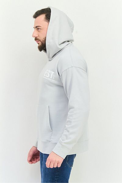 Established Redefining Essentials Men Hooded Brand Logo Long Sleeves Sweatshirt, Light Grey