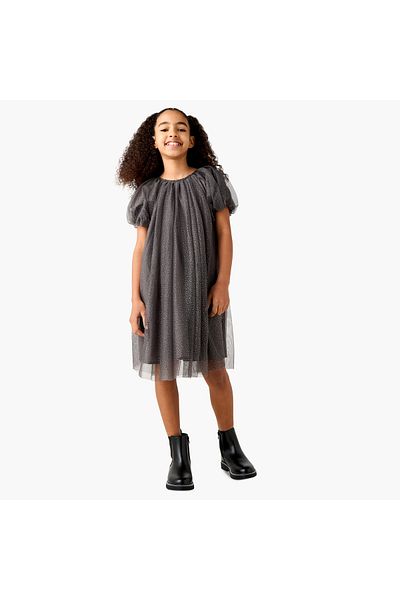 Juniors Embellished A-line Dress with Round Neck and Short Sleeves