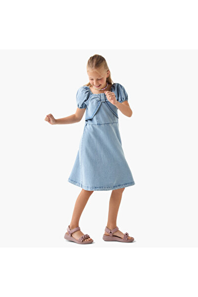 Juniors A-line Denim Dress with Puff Sleeves