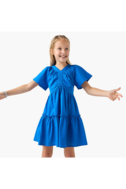 Juniors Solid A-line Dress with V-neck and Short Sleeves