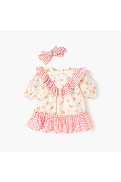 Juniors فستان بطبعة زهور كاملة مع أكمام منفوخة وربطة شعر