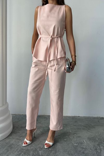 modaserdem Linen Bluz - Pant Suit Massimo Modelscreat Fabric - Powder
