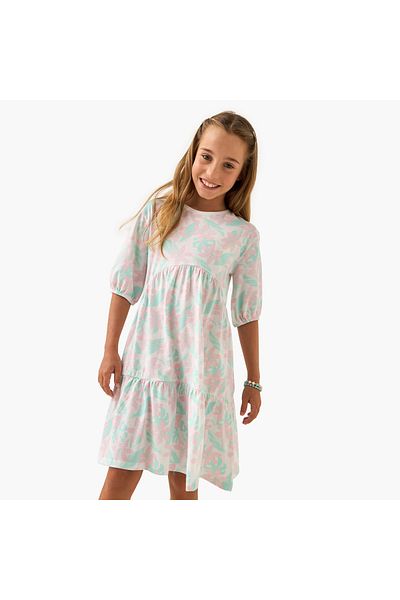 Juniors All-Over Floral Print Tiered Dress with 3/4 Sleeves