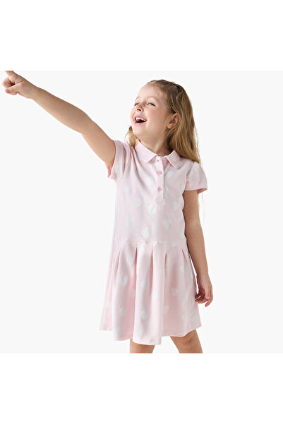 Juniors Heart Print Polo Dress with Short Sleeves