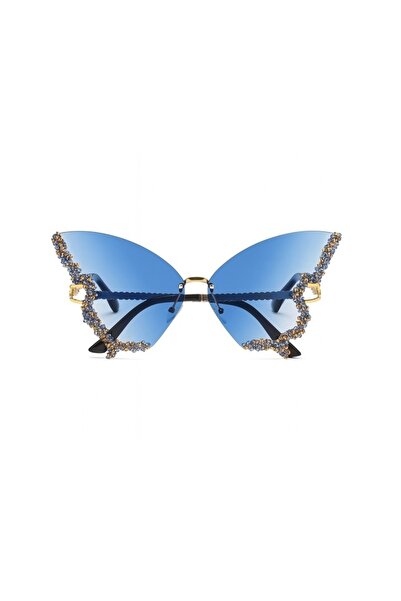 REDz Accessories Glamour Butterfly Glasses, Multicolored Crystals, Festival Fashion, UV400 Protection, Blue