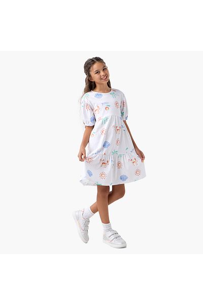 Juniors All-Over Print Dress with Round Neck and Short Sleeves