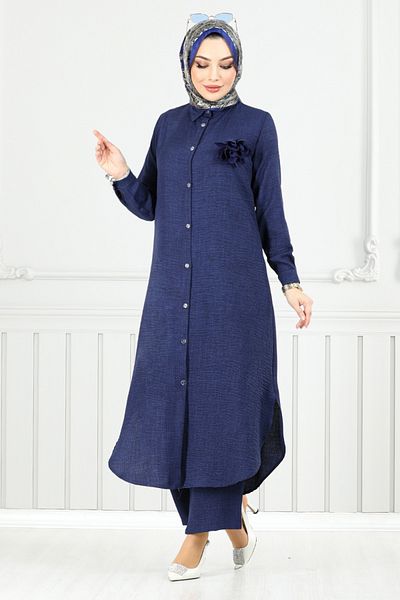 ModaMerve Front Buttoned Hijab Suit 815Ozr1047-M Light Navy