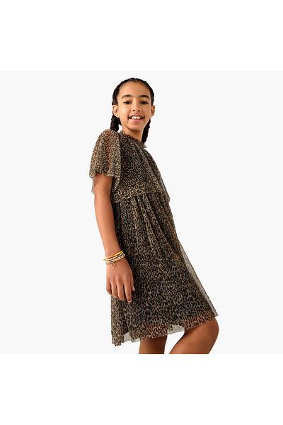 Juniors Animal Print Ruffle Detail Dress with Short Sleeves