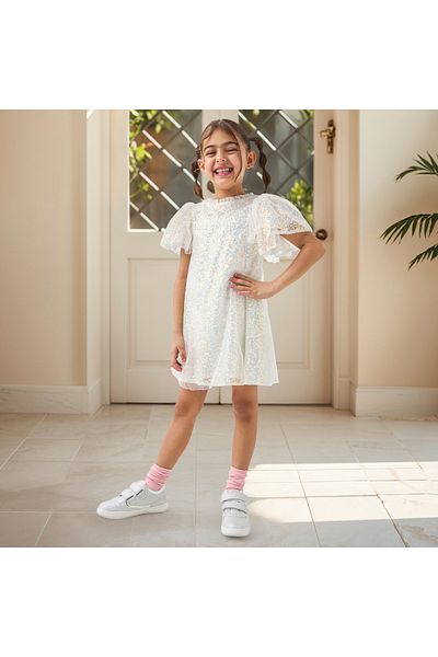 Juniors Embellished Dress with Ruffle Detail and Cap Sleeves