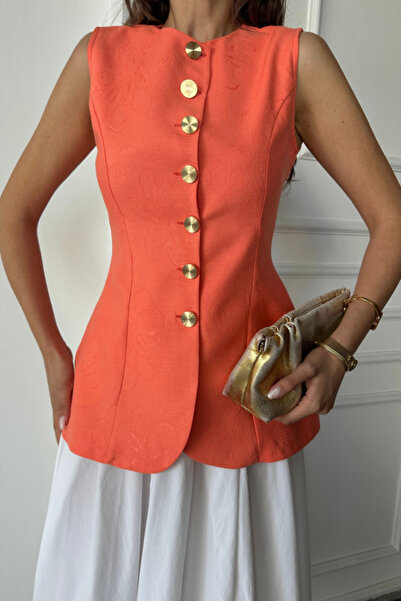 Lady Moss نوفا إيبوكسي آرت جاكار كتان سترة مع أزرار ذهبية - برتقالي