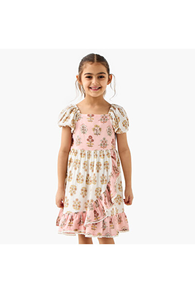 Juniors All-Over Floral Print Dress with Puff Sleeves