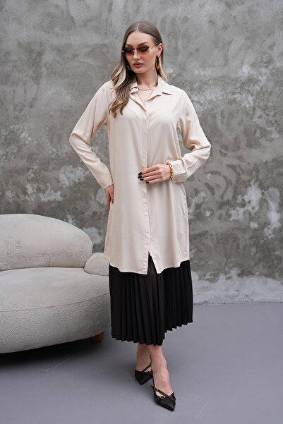 Polologin Butik Belted Long Cream Shirt Tunic