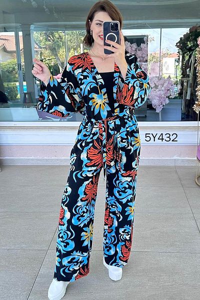 İnce Topuk Crop Kimono Viscose 3 Piece Set 5Y432
