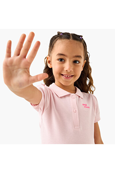 Juniors Slogan Applique Polo Dress with Short Sleeves